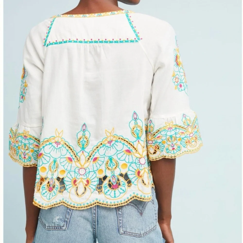 Anthropologie White Embroidered Tunic with Teal & Yellow Accents - Picture 3 of 15